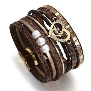 NWT Brown Leather Multi-Strand Bracelet with Heart Charm and Faux Pearls